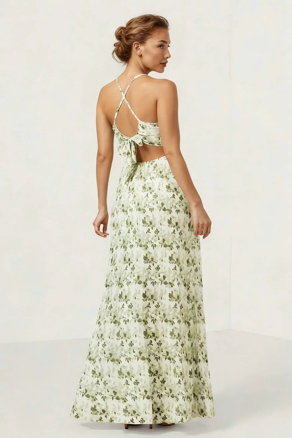 Green Flower A Line Ruched Spaghetti Straps Long Bridesmaid Dress