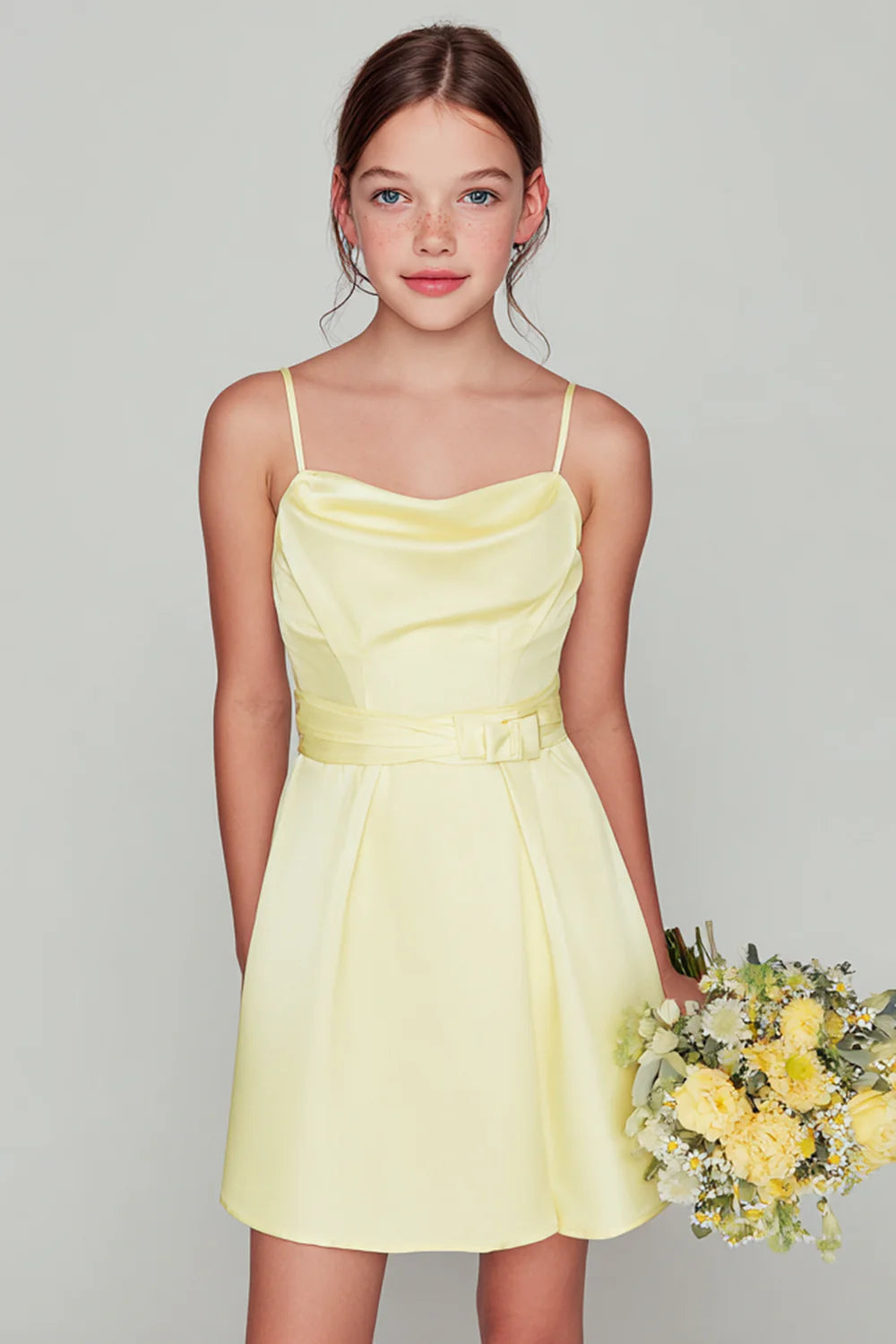 Daffodil Yellow Spaghetti Straps A Line Short Junior Bridesmaid Dress
