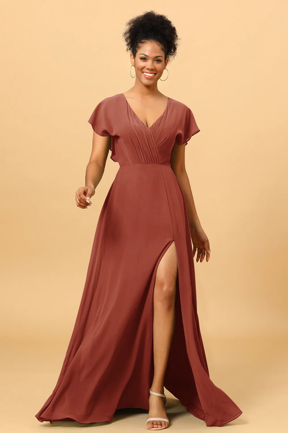 A Line V Neck Ruched Chiffon Bridesmaid Dress with Slit