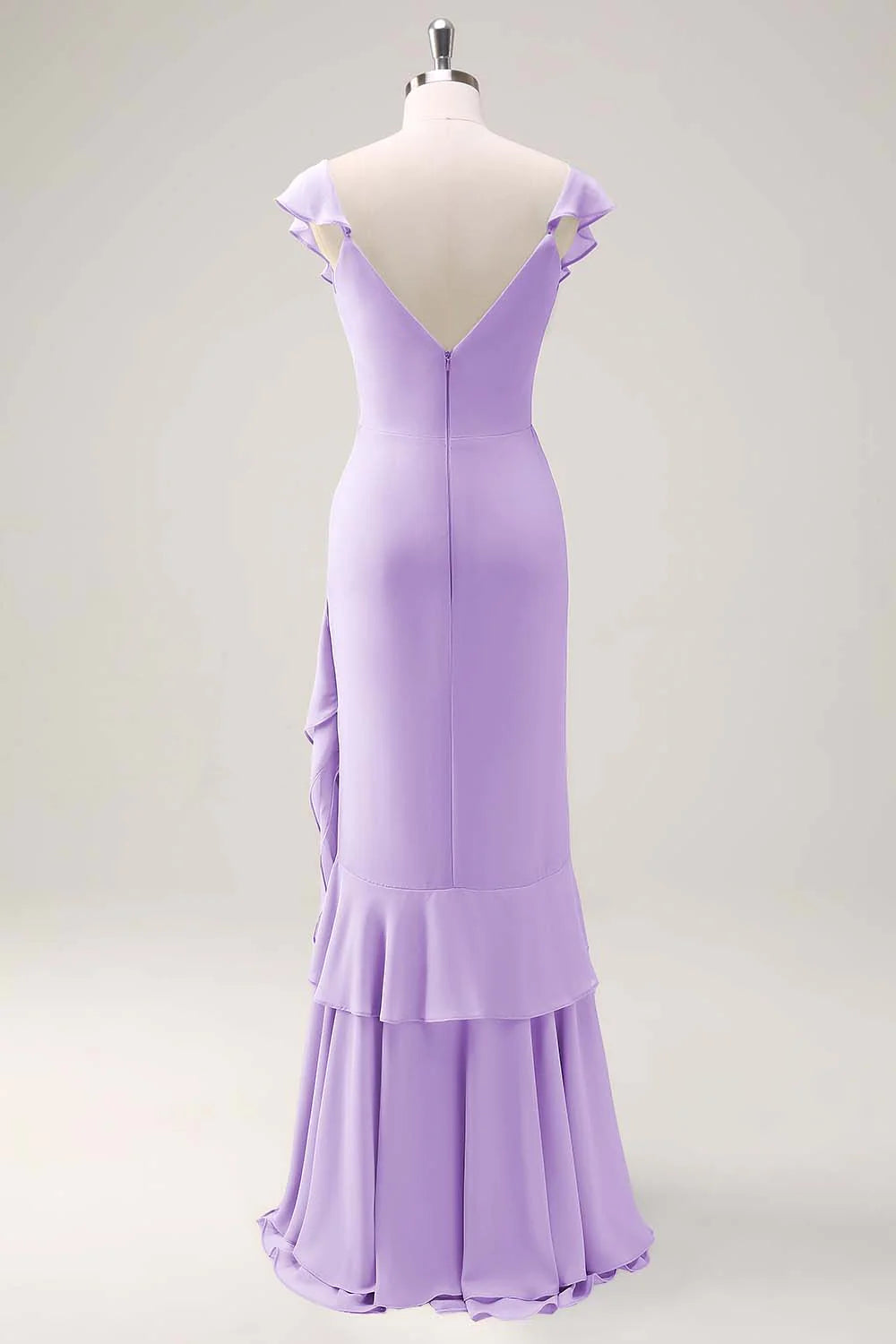 Dusty Sage Sheath V Neck Open Back Chiffon Long Bridesmaid Dress with Ruffles