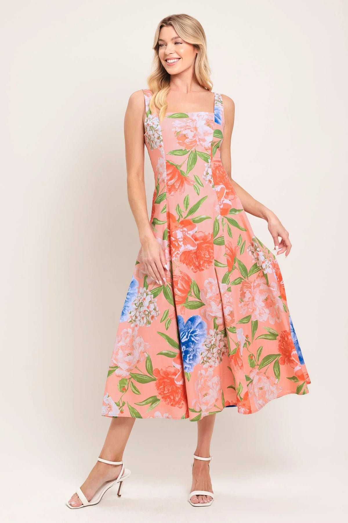 PEACH PETAL FLORAL MIDI DRESS