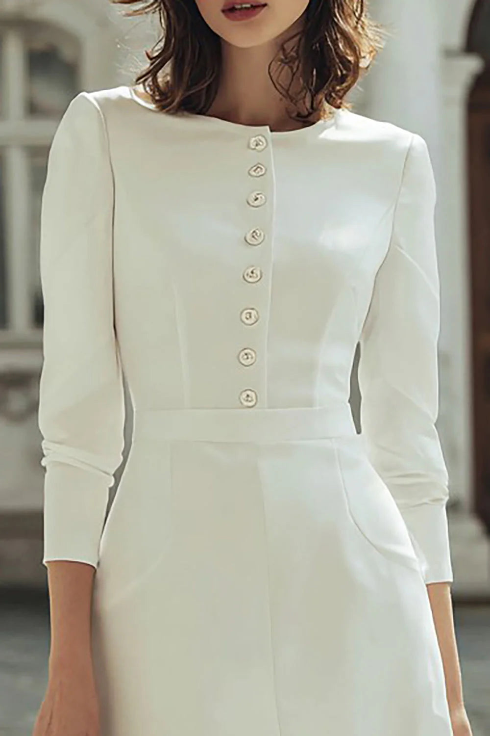 Ivory Boat Neck Mini Courthouse Wedding Dress with 3 4 Sleeves