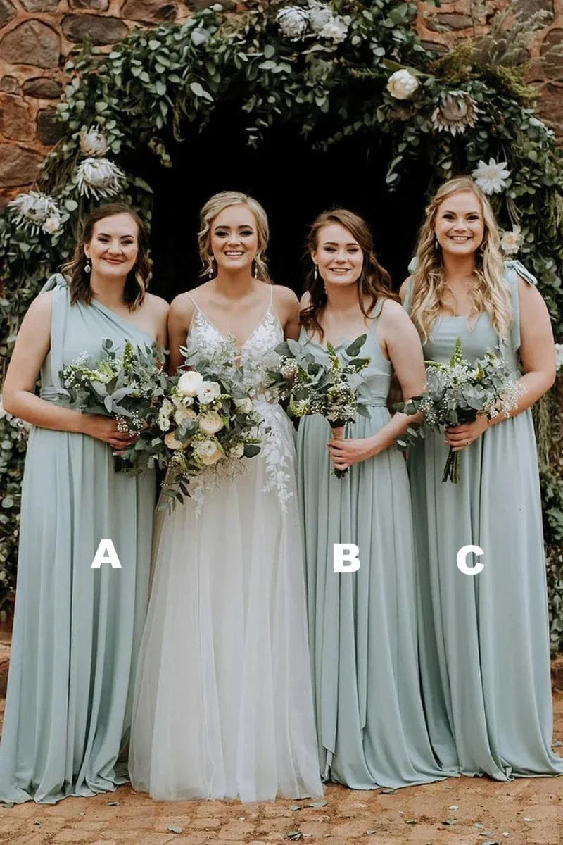 Grey Green Chiffon Spaghetti Straps A Line Long Bridesmaid Dress