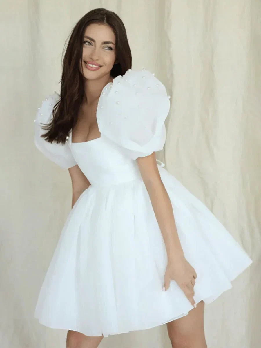 A Line Square Neck Short Wedding Dress With Puffy Pearls Sleeves