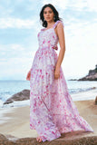 Stylish Grey Purple A Line Square Neck Print Floral Long Bridesmaid Dress with Lace Up Back
