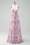 Grey Purple A Line Square Neck Print Floral Bridesmaid Dress with Lace Up Back