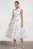 Asymmetrical Neck A Line White Floral Wedding Guest Dress