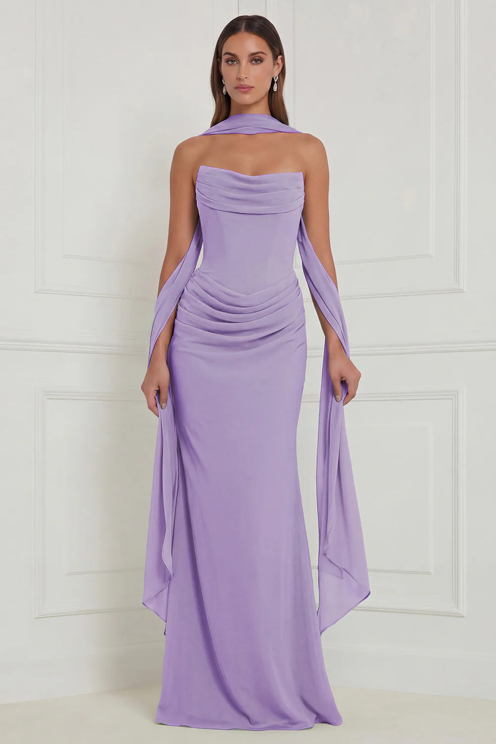 Strapless Ruched Sage Bridesmaid Dress with Scarf