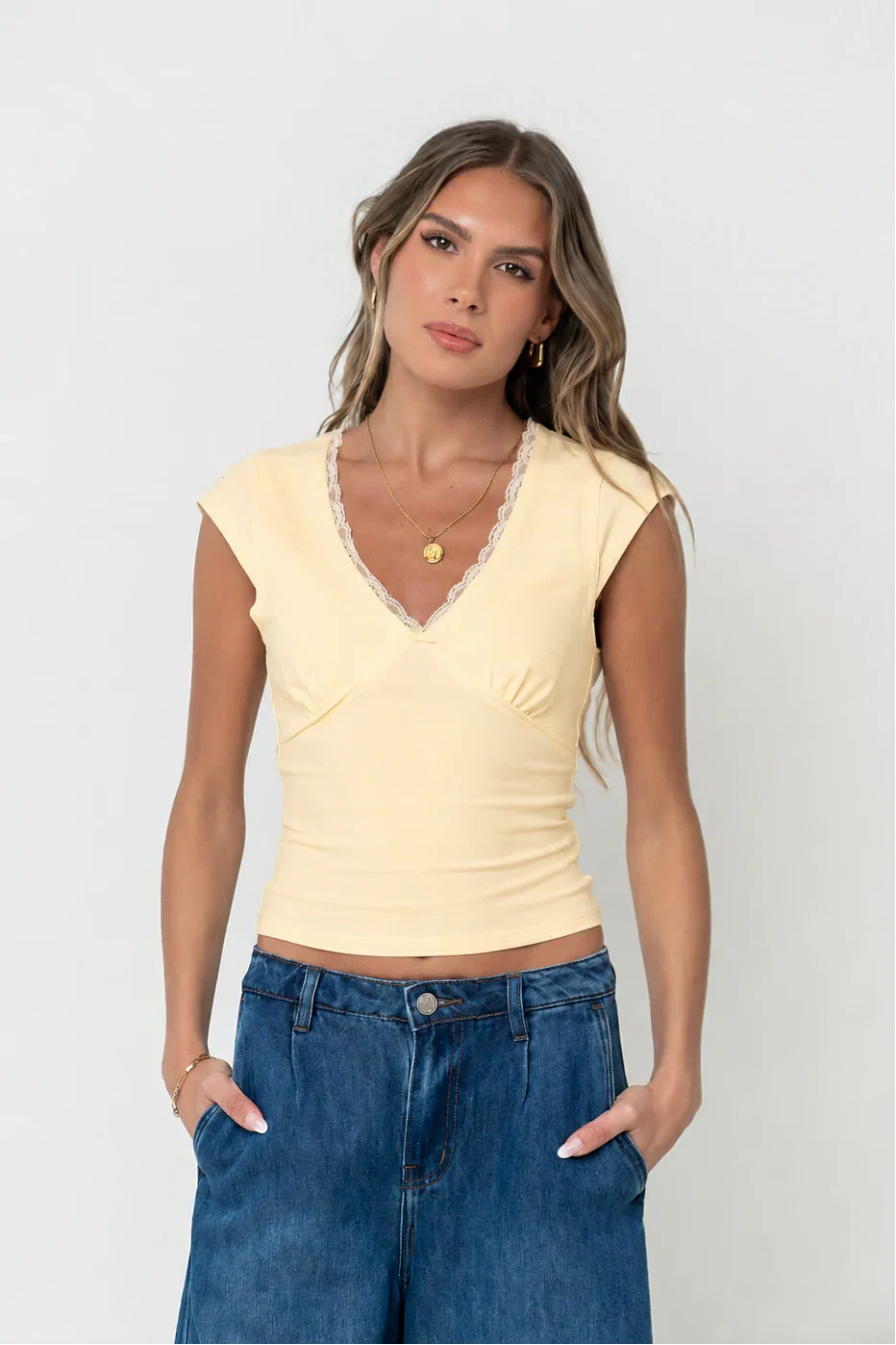 Kinzey Lace Trim Top in Yellow