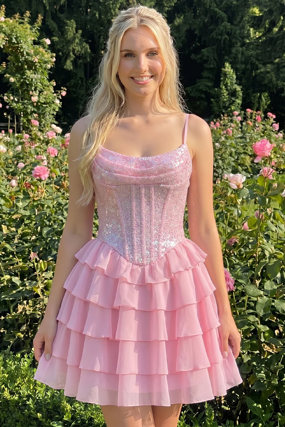 Champagne A Line Sequin Tiered Ruffle Short Homecoming Dress