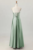 Dusty Sage A Line Spaghetti Straps Satin Long Bridesmaid Dress with Lace Up Back