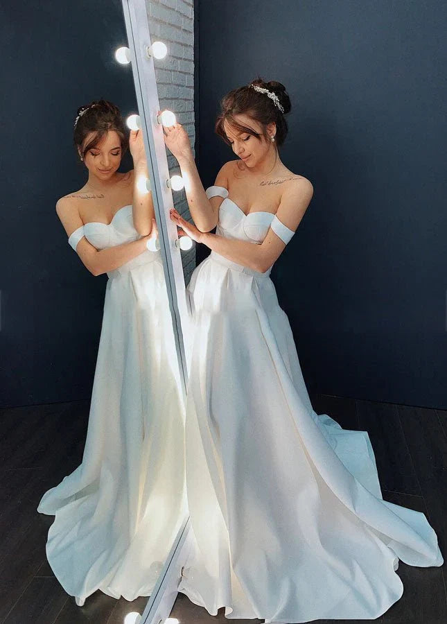 A line Off the Shoulder Sleeveless Satin Simple Bride Wedding Dress
