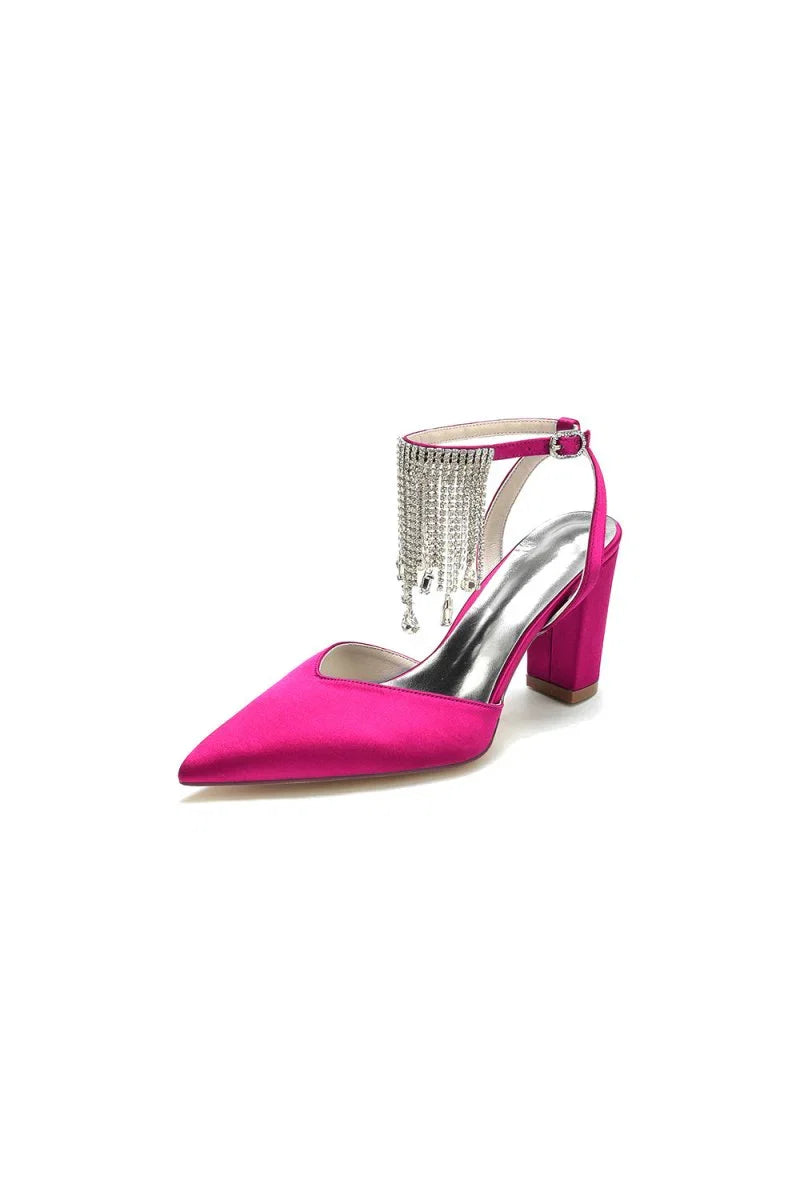 Pointed Toe Beading Tassel Satin Chunky Heels