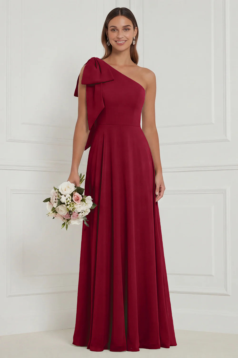 One Shoulder Bow A Line Sage Bridesmaid Dress with Lace up Back