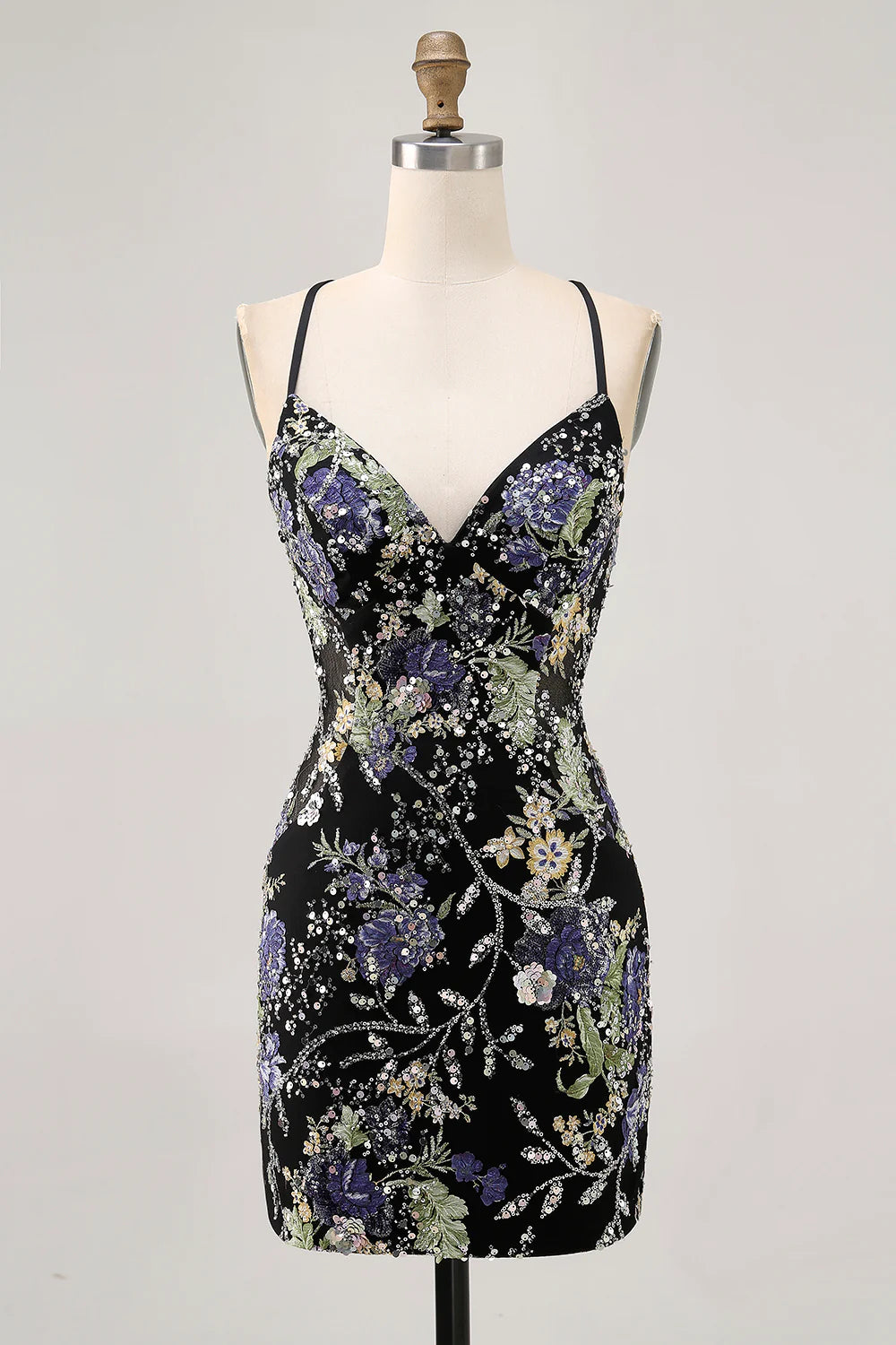 Lilac Spaghetti Straps Short Floral Tight Homecoming Dress