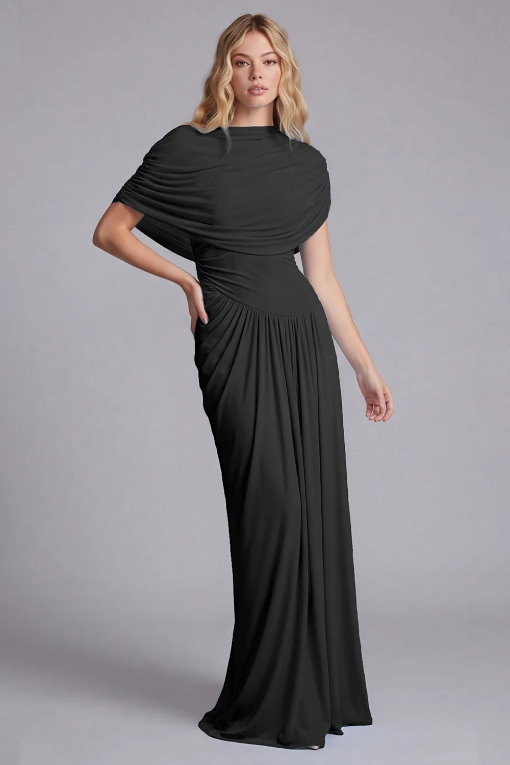 Sky Blue Mermaid Ruched Maxi Dress with Cape Sleeves