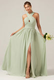 Dusty Sage A Line Halter Pleated Long Maternity Bridesmaid Dress