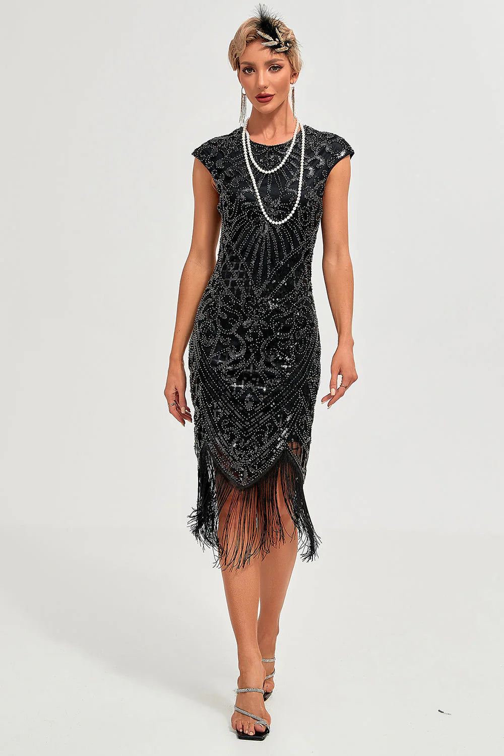 Sparkly Black Beaded Fringed Gatsby Dress