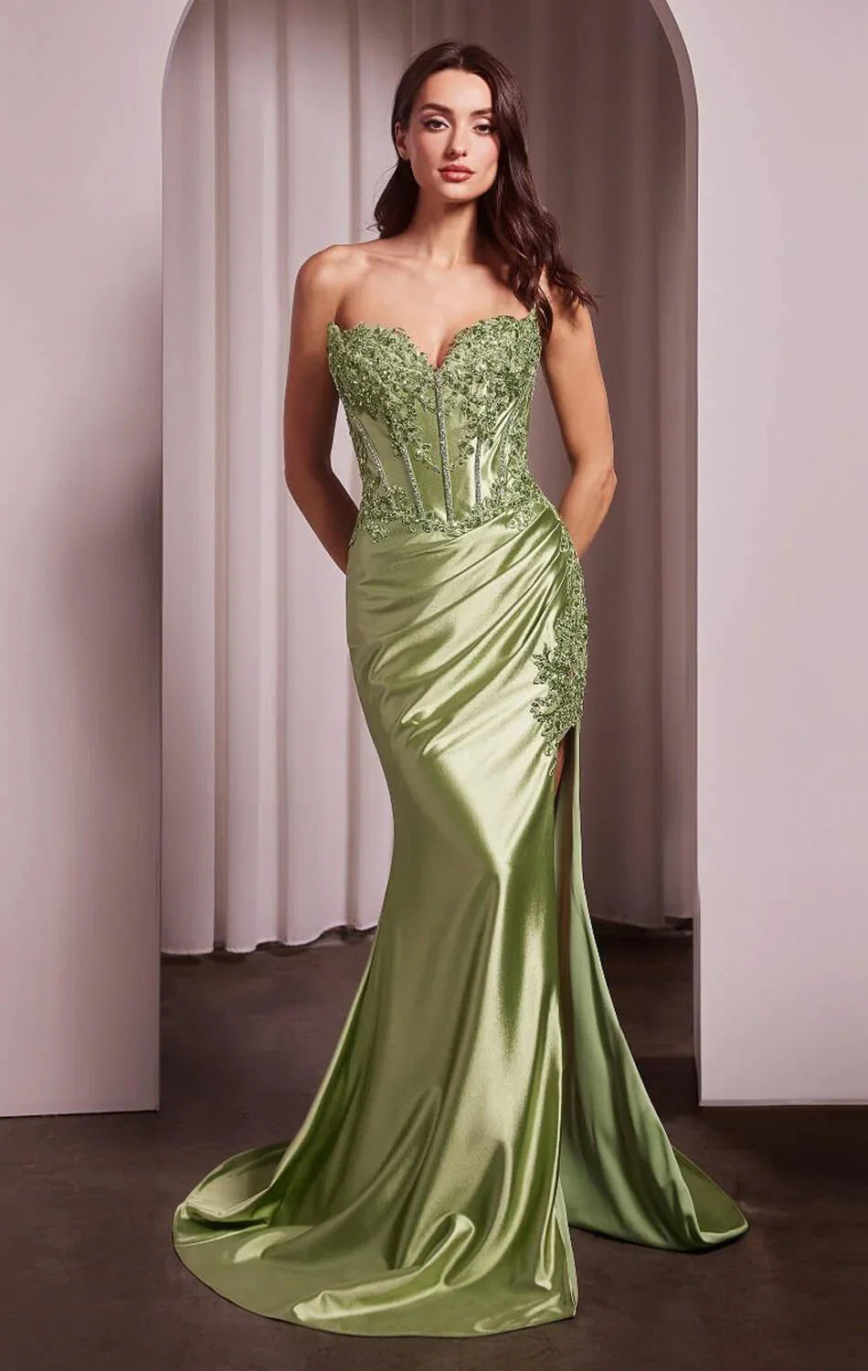 Jupiter Gown Fitted Strapless Lace Satin Gown