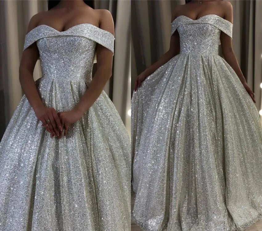 Shiny Silver Sequin A Line Wedding Dresses Off the Shoulder