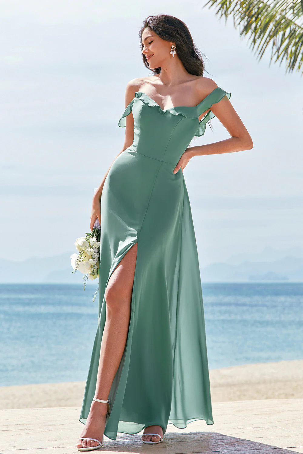 Eucalyptus A Line Square Neck Backless Floor Length Bridesmaid Dress with Slit