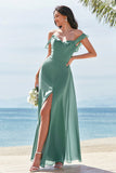 Eucalyptus A Line Square Neck Backless Floor Length Bridesmaid Dress with Slit