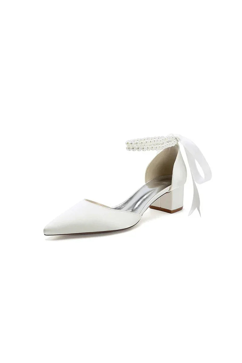 Pointed Toe Double Pearl Ankle Strap Party Shoes With Ribbon Tie