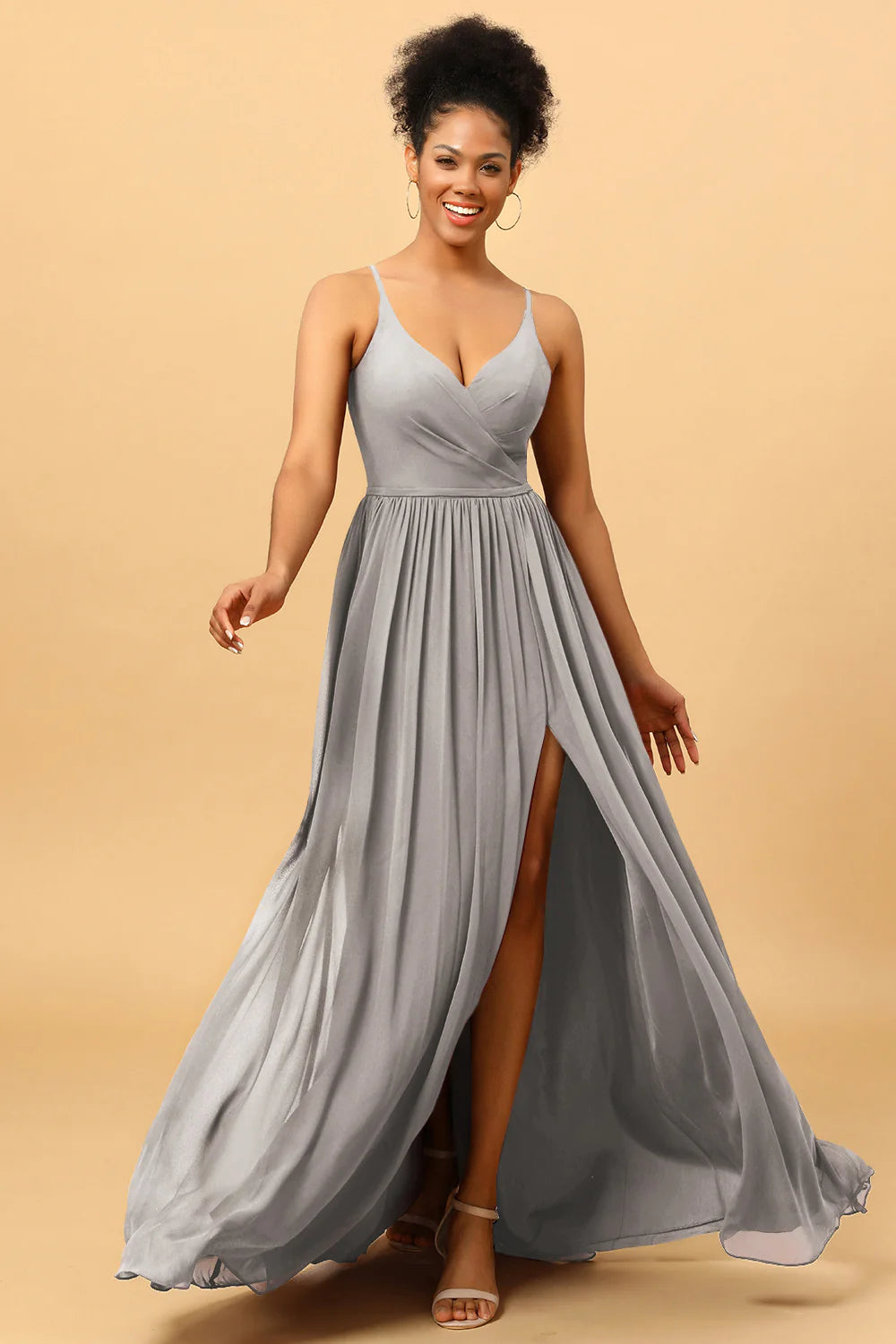 A Line Spaghetti Straps Ruched Long Chiffon Bridesmaid Dress with Slit