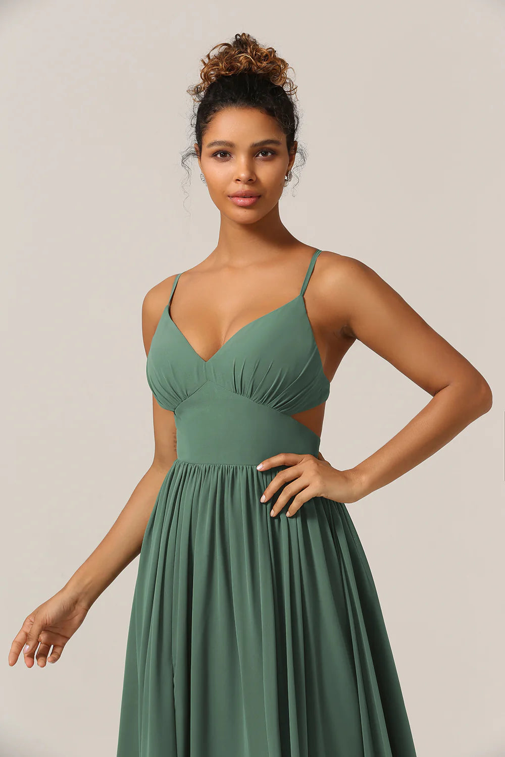 Eucalyptus A Line Spaghetti Straps Floor Length Chiffon Bridesmaid Dress with Slit