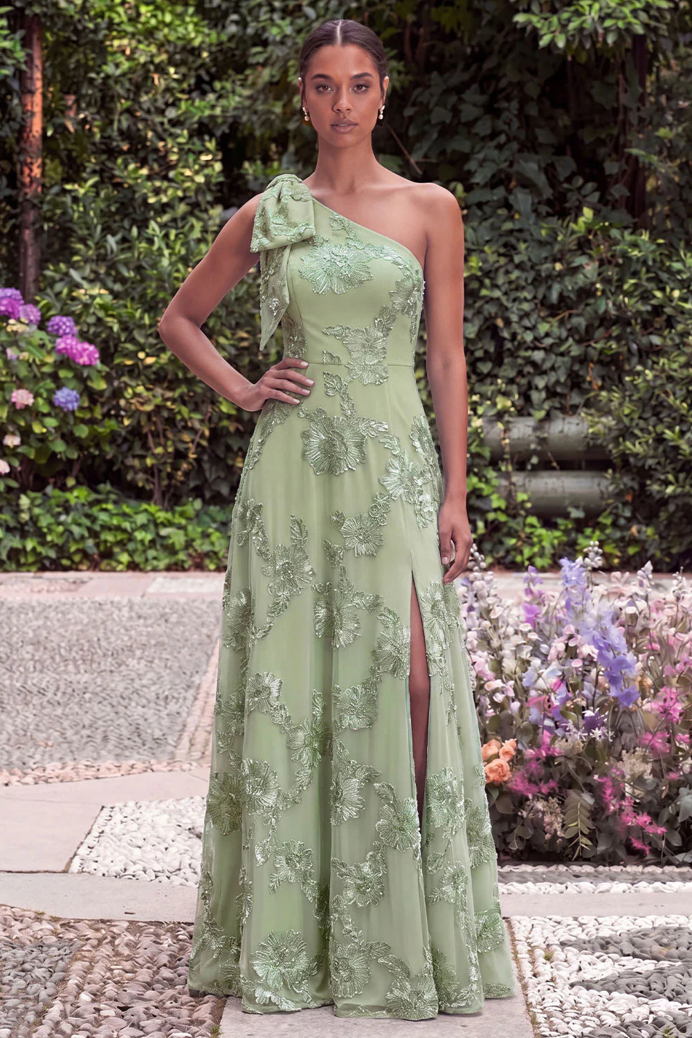 Daffodil A Line Floral Embroidery One Shoulder Wedding Guest Dress with Slit