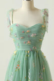 Green Tulle A Line Spaghetti Straps Floral Long Prom Dress With Embroidery