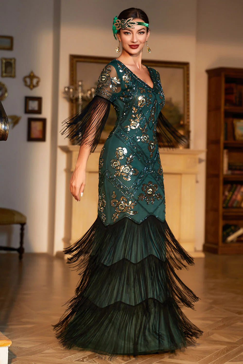 Sheath V Neck Black Sequins Long Party Dress with Fringes