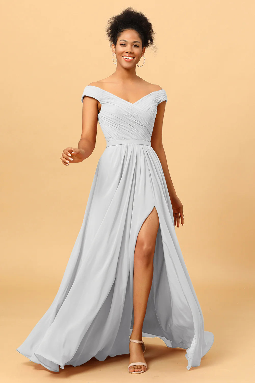 A Line Off the Shoulder Ruched Long Chiffon Bridesmaid Dress with Slit