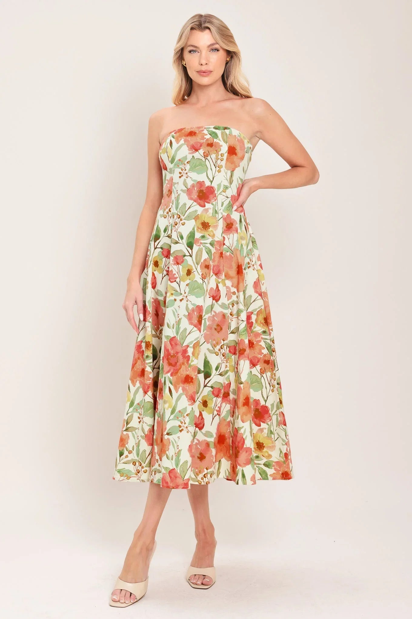 FLORAL DAYDREAM STRAPLESS MIDI DRESS