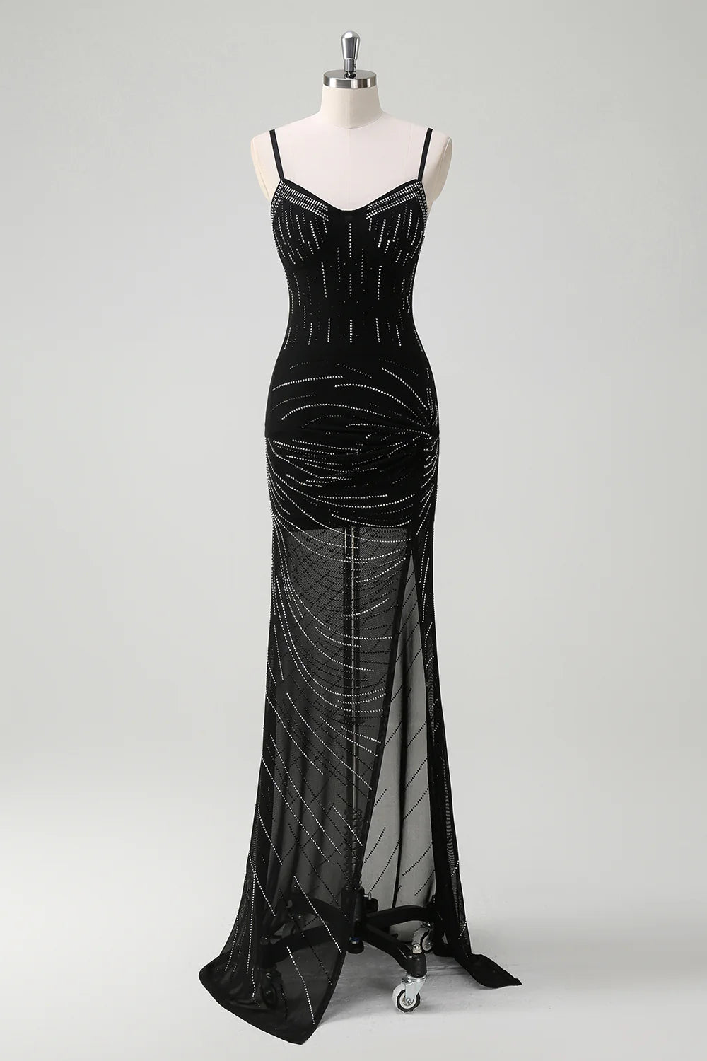 Glitter Mermaid Spaghetti Straps Beaded Long Black Prom Dress with Slit