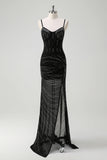 Glitter Mermaid Spaghetti Straps Beaded Long Black Prom Dress with Slit