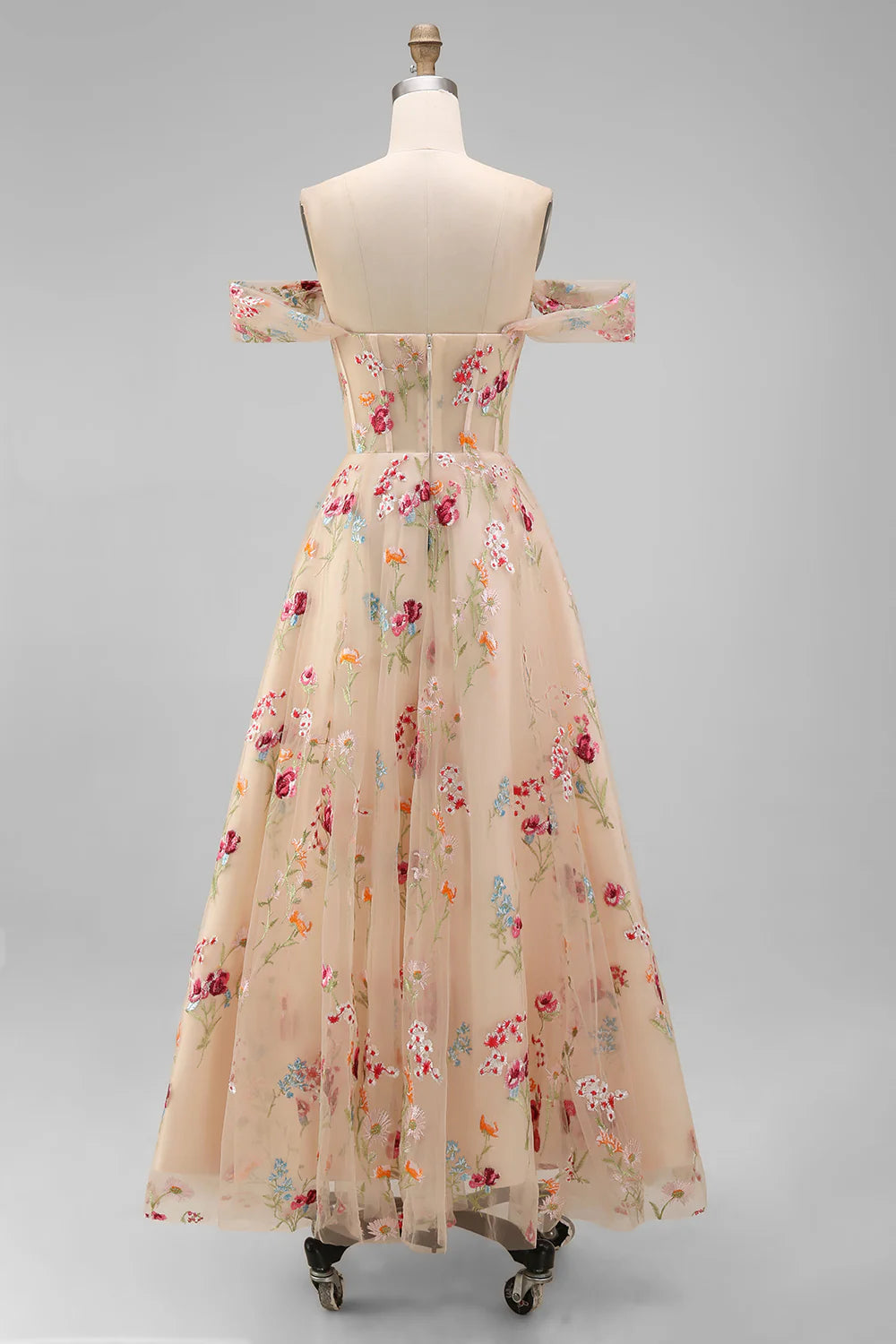 Black Off the Shoulder Floral A Line Midi Wedding Guest Dress