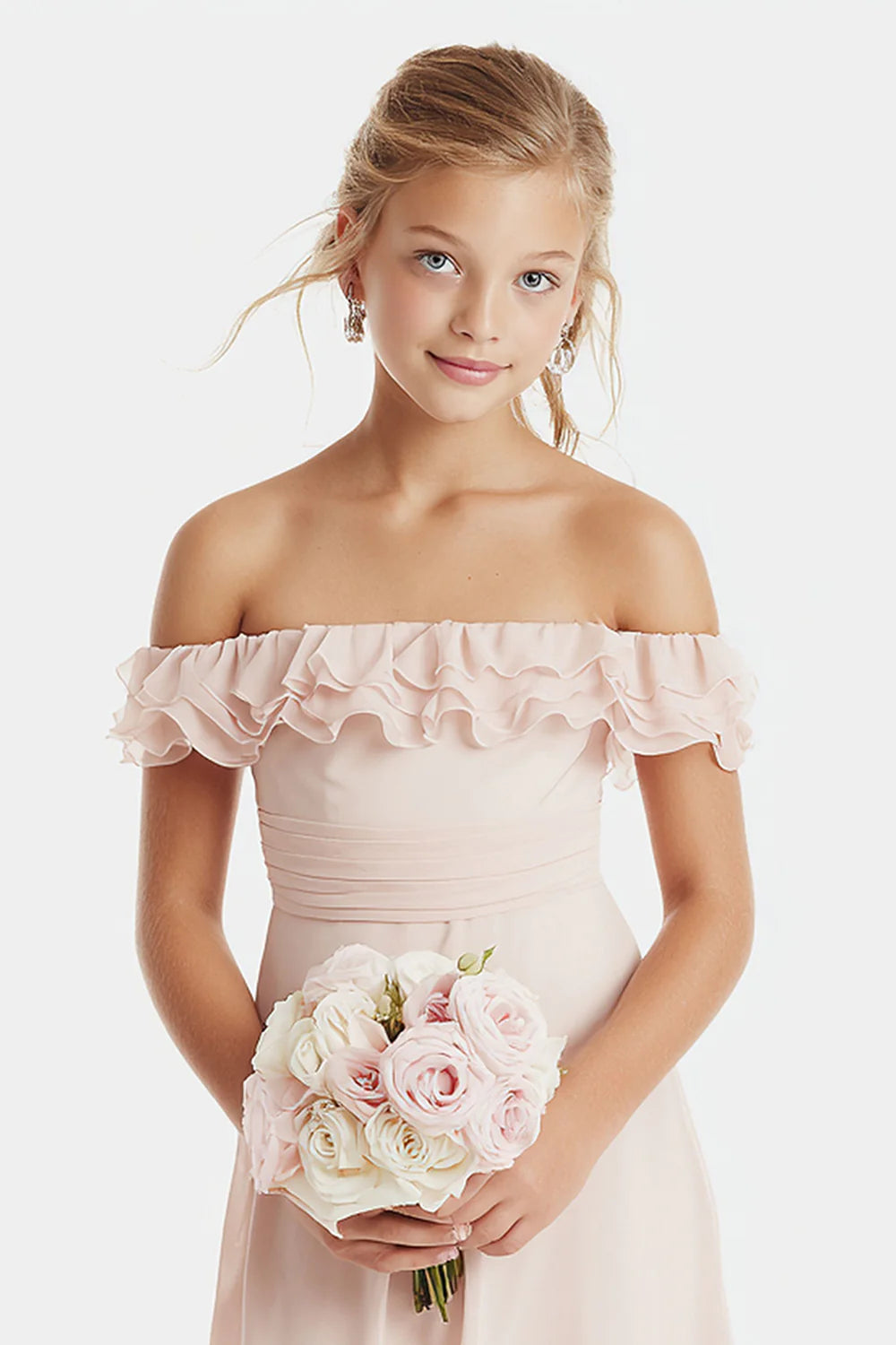 Off The Shoulder Blush Pink A Line Short Junior Bridesmaid Dress with Ruffles
