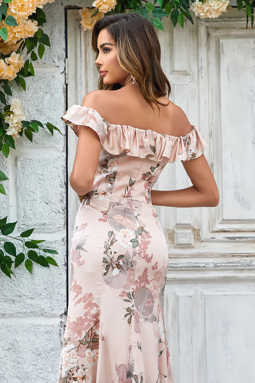 Blush Flower Mermaid Off The Shoulder Long Bridesmaid Dress with Slit