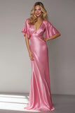 Pink Mermaid V Neck Satin Long Formal Dress with Sleeves