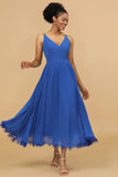A Line Spaghetti Straps Long Chiffon Bridesmaid Dress with Ruffles