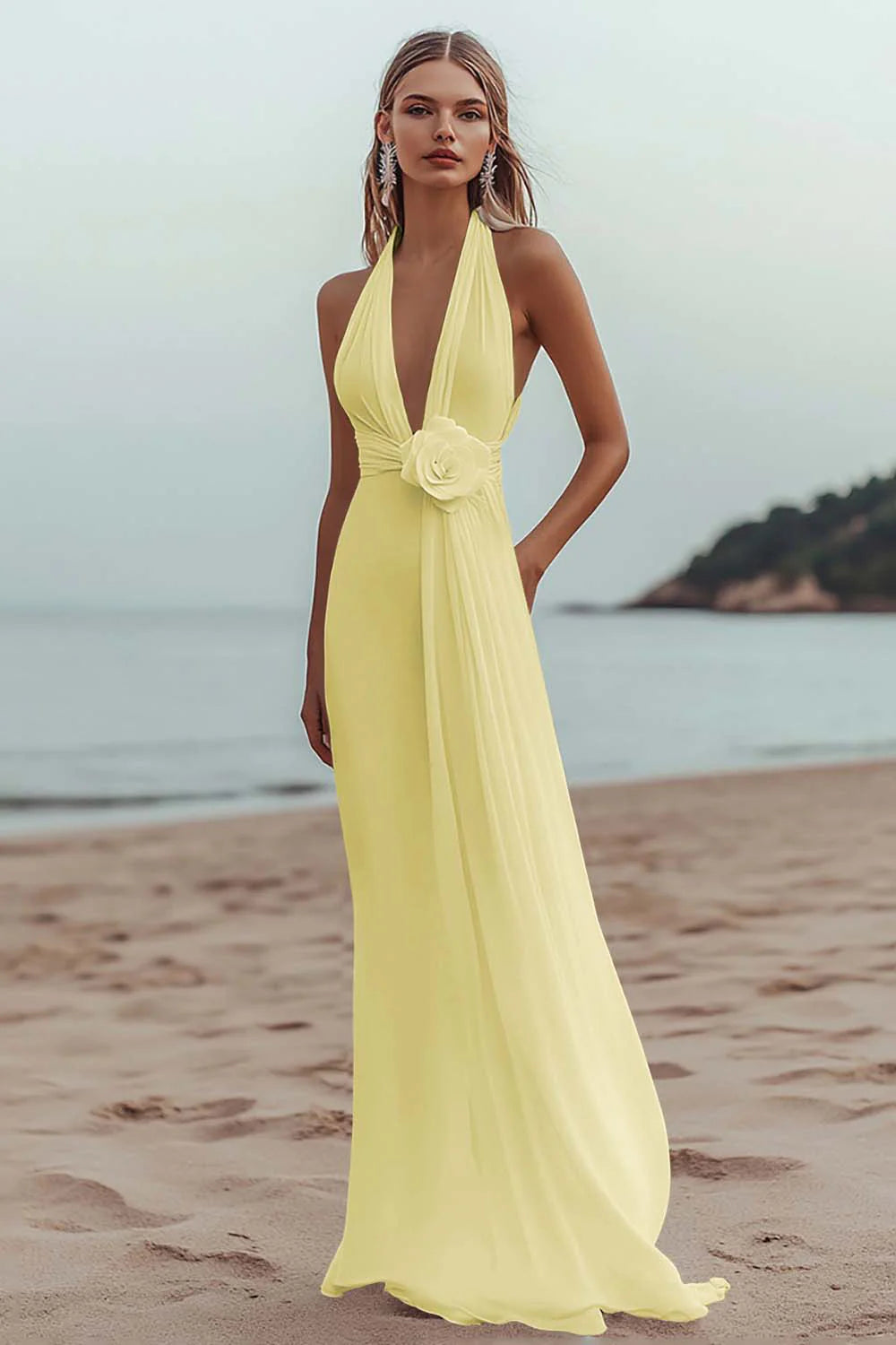 White A Line V Neck Engagement Dress With 3D Flowers
