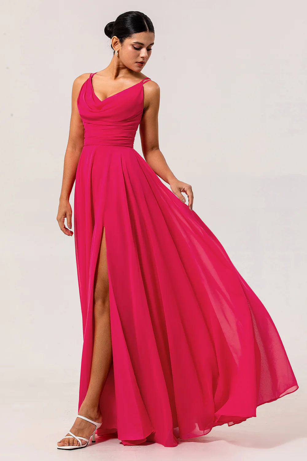 Hot Pink A Line Cowl Neck Chiffon Long Bridesmaid Dress with Slit