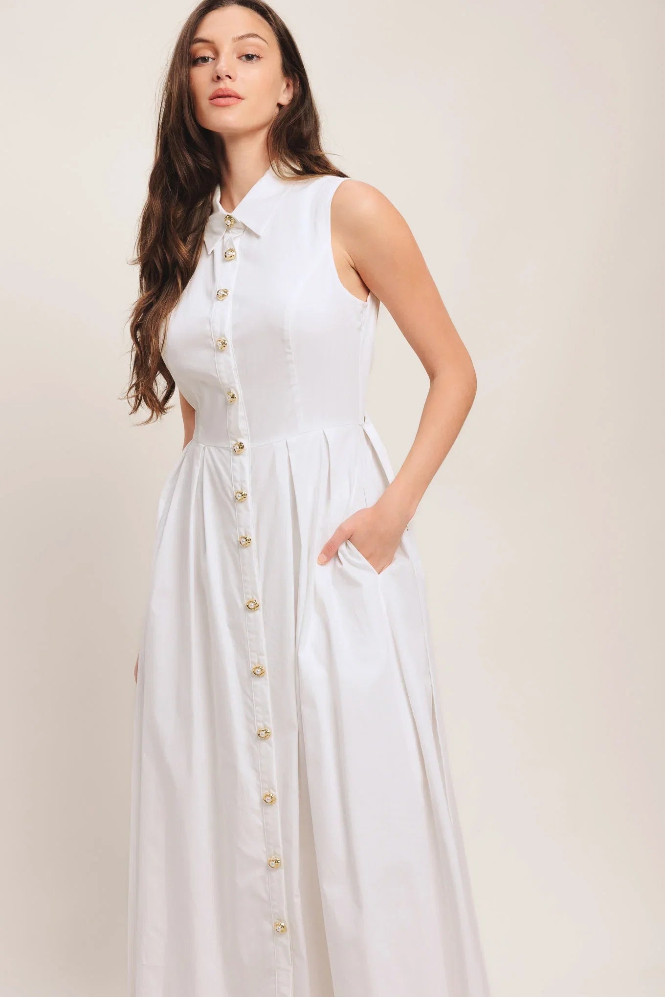 PEARL BUTTON DOWN WHITE MIDI DRESS