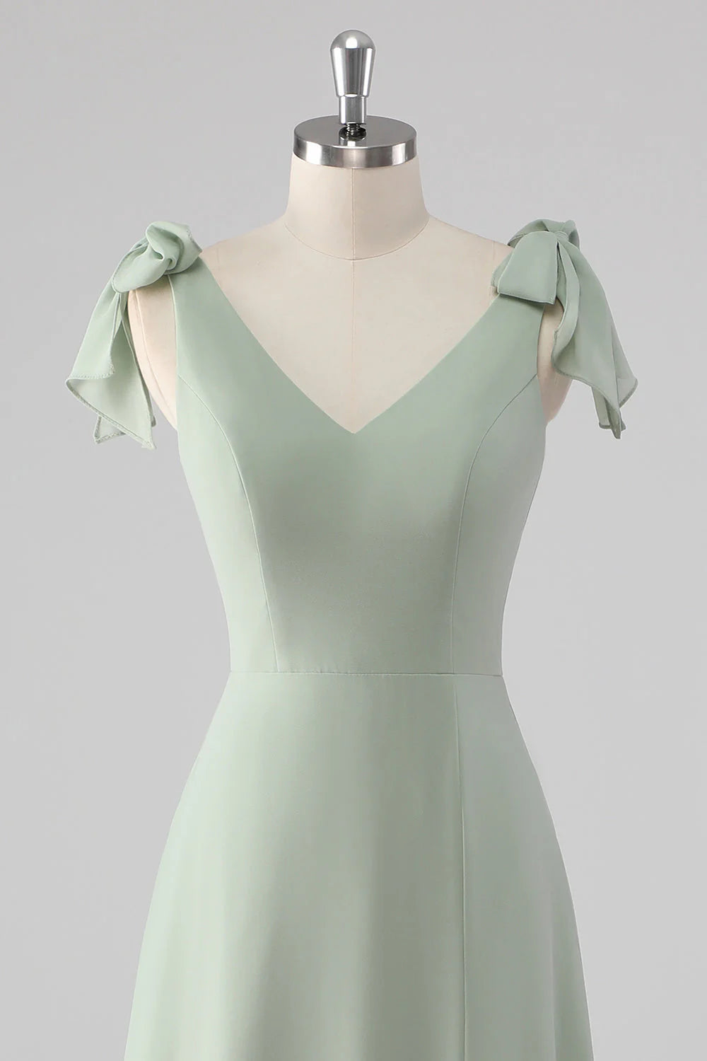 Sage Green A Line V Neck Bow Tie Straps Long Bridesmaid Dress with Slit