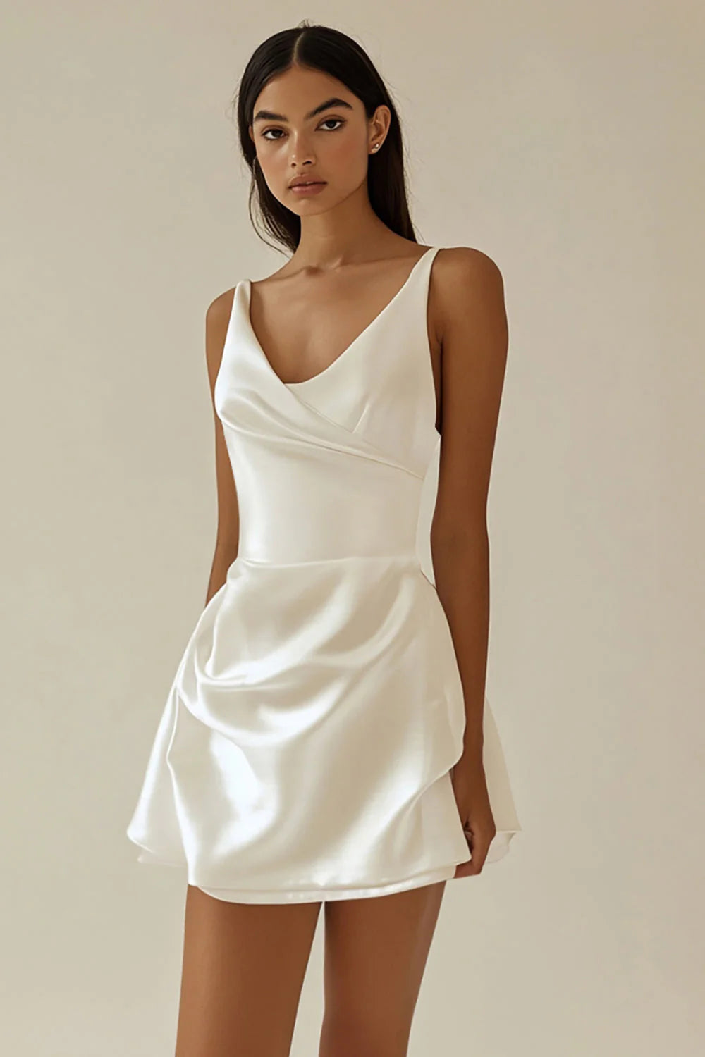 A Line Satin White V Neck Mini Graduation Dress