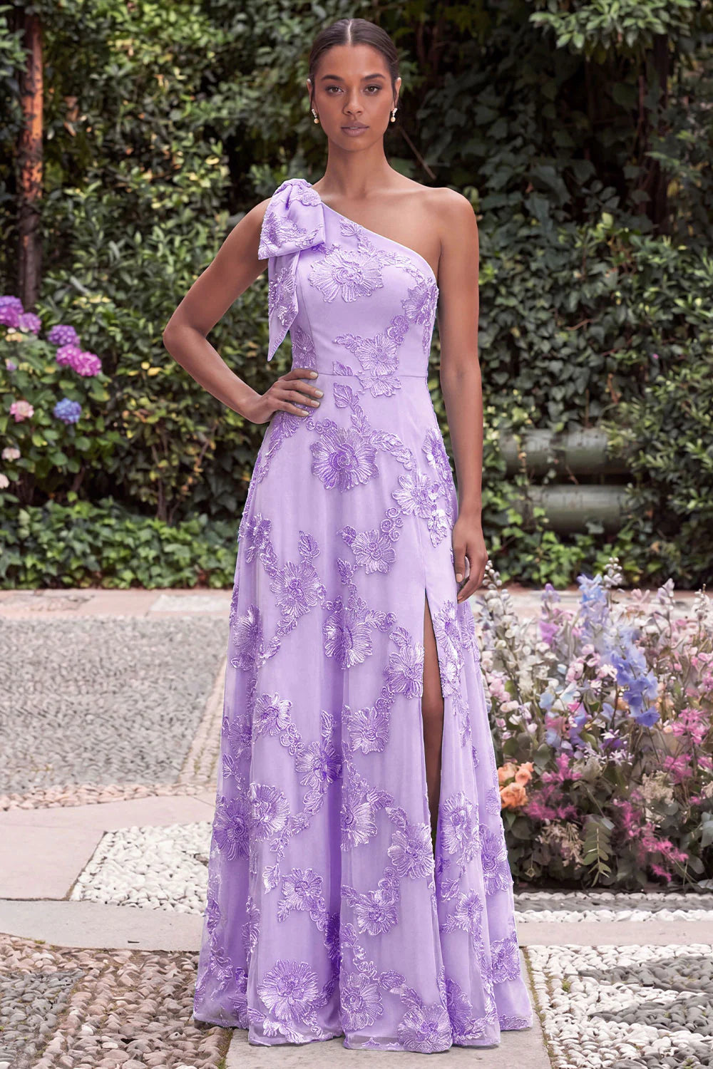 Daffodil A Line Floral Embroidery One Shoulder Wedding Guest Dress with Slit