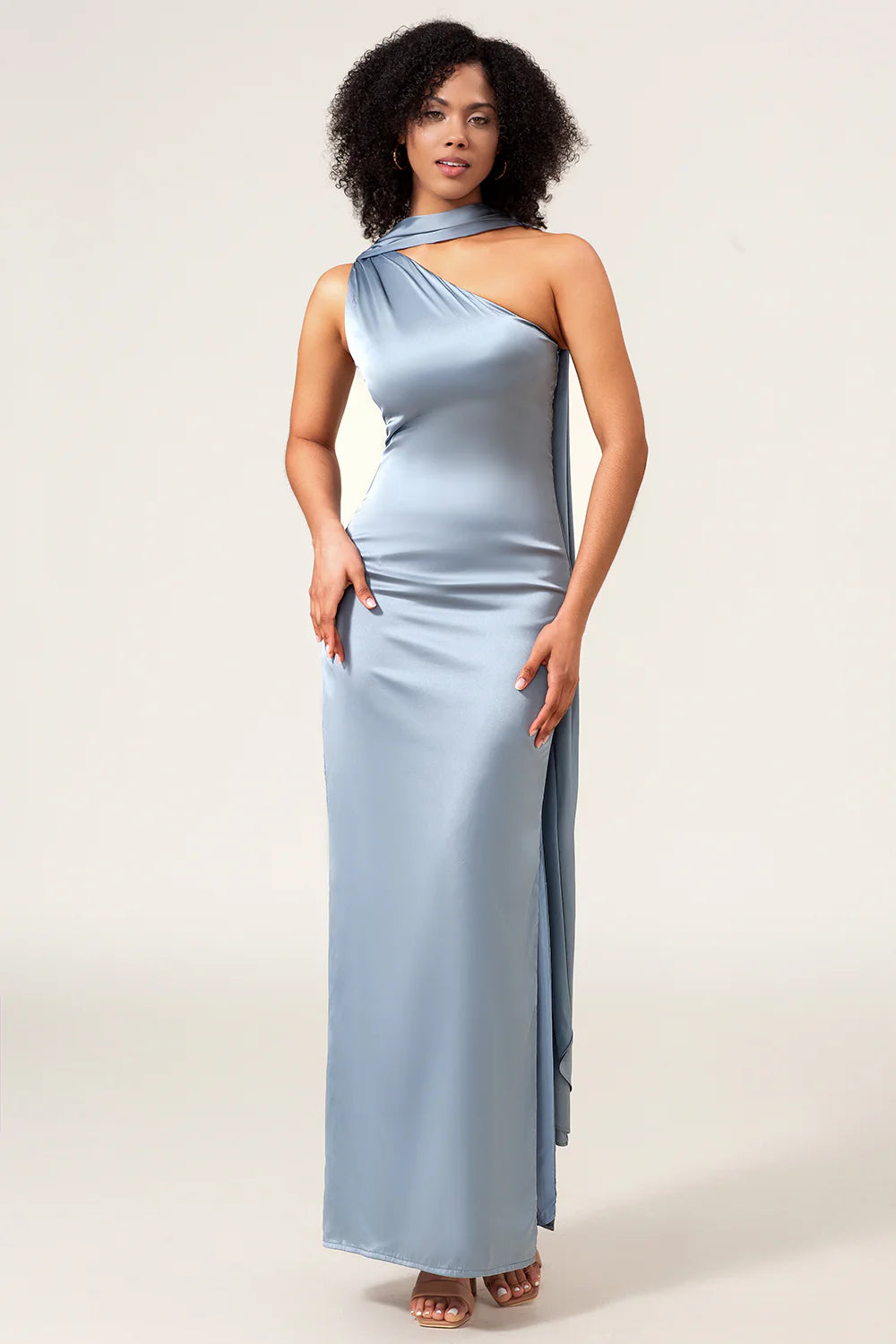 Dusty Blue Sheath One Shoulder Long Satin Bridesmaid Dress