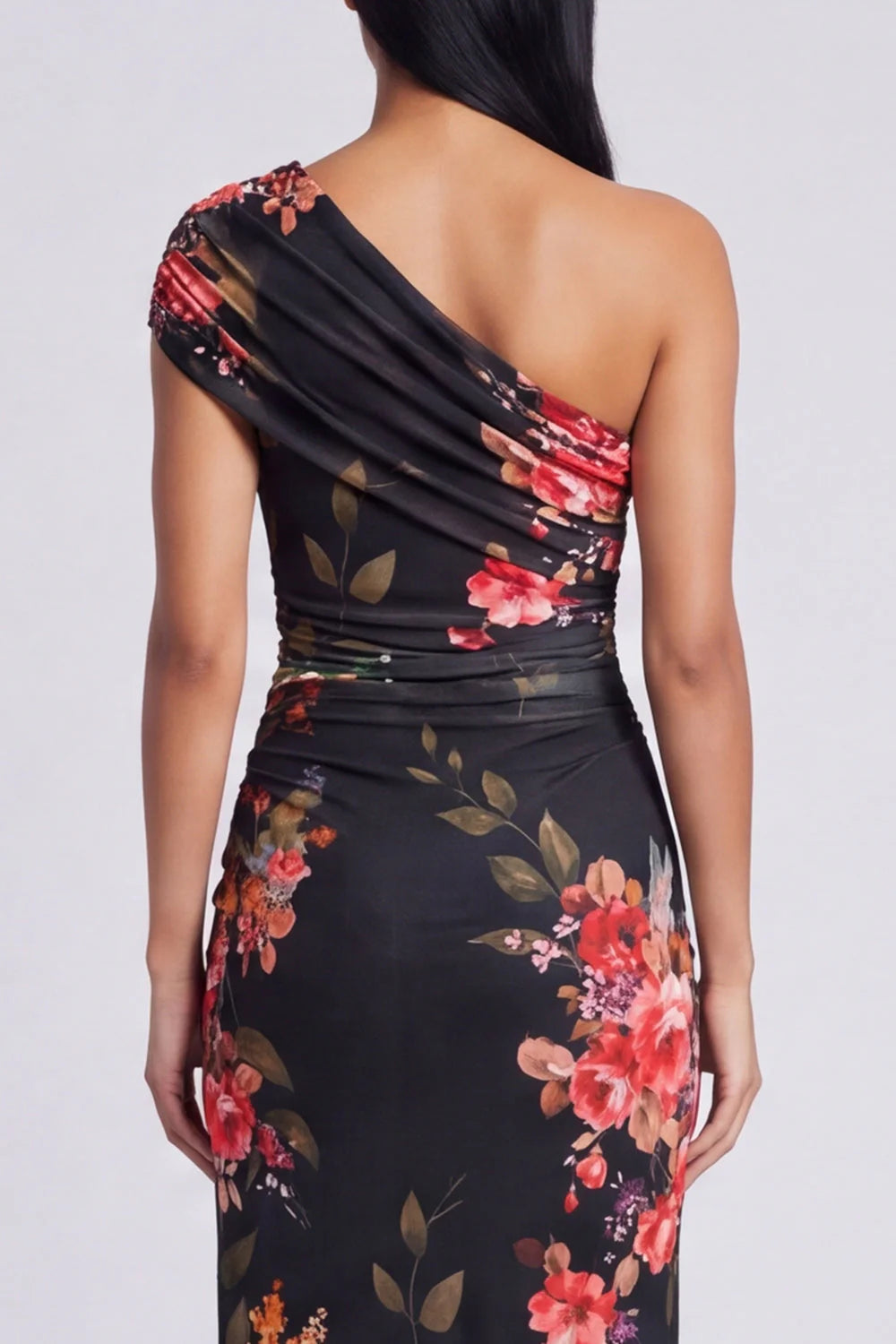 Black One Shoulder Sheath Floral Wedding Guest Dress with Slit
