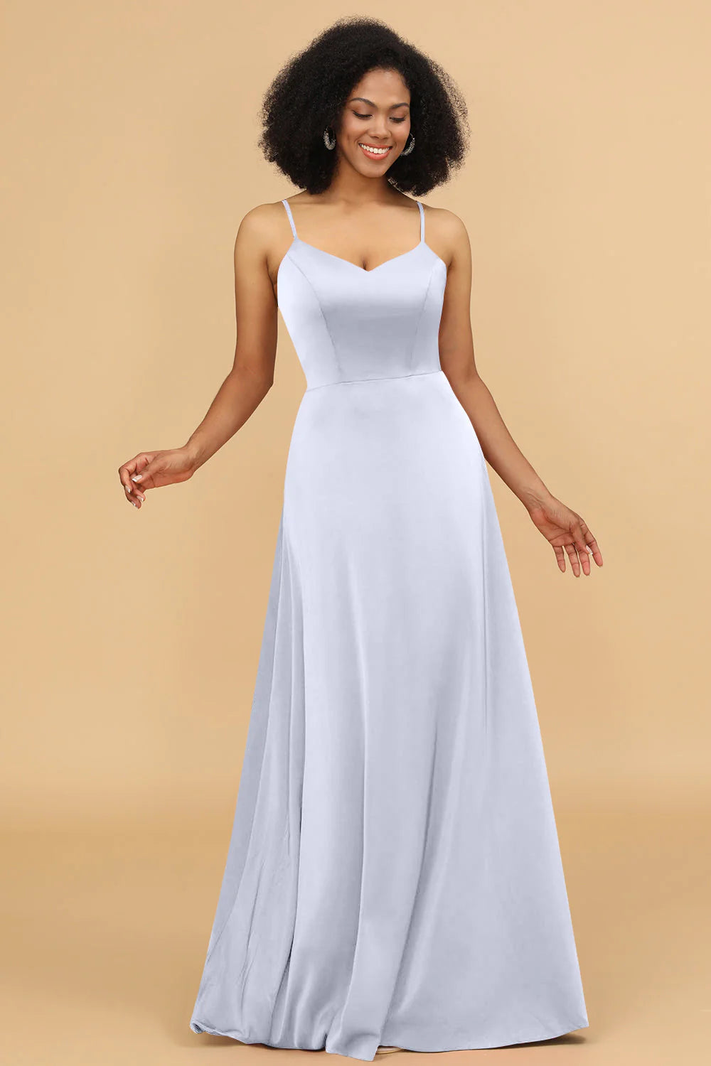 A Line Spaghetti Straps Floor Length Satin Bridesmaid Dress
